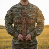 Hand-Carved Beechwood Veteran Cross Wall Plaque | USA Eagle | Proudly Served | Military Gift