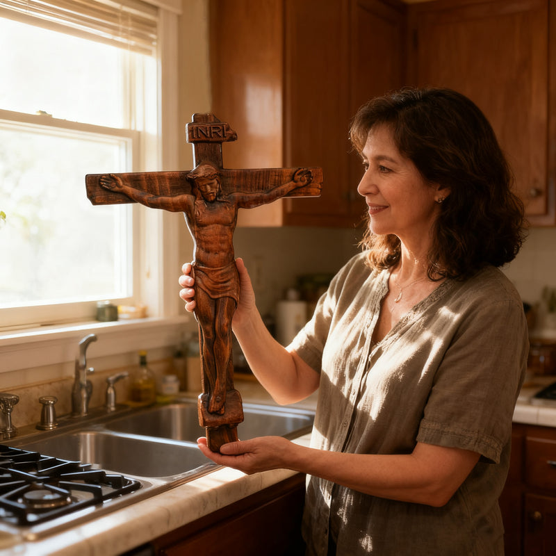 Sacred Art Crucifix: Devotionally Hand-Carved Solid Wood Cross, A Testament of Divine Love & Sacrifice
