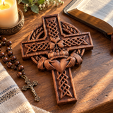 Hand-Carved Beechwood Celtic Claddagh Wall Cross – Irish Christian Faith Home Décor