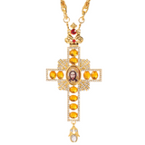 Orthodox Three-Bar Crown Gem Cross Pendant Necklace