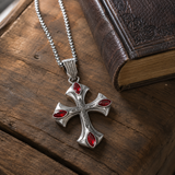 Vintage Red Zircon Cross Pendant Necklace, Religious Faith Men’s Necklace