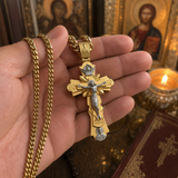 Gold-Plated Copper Crucifix Pendant with Jesus Christ and Religious Figures