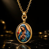 Our Lady of Guadalupe Gold-Tone Oval Pendant Necklace – Double-Sided Virgin Mary Christian Jewelry