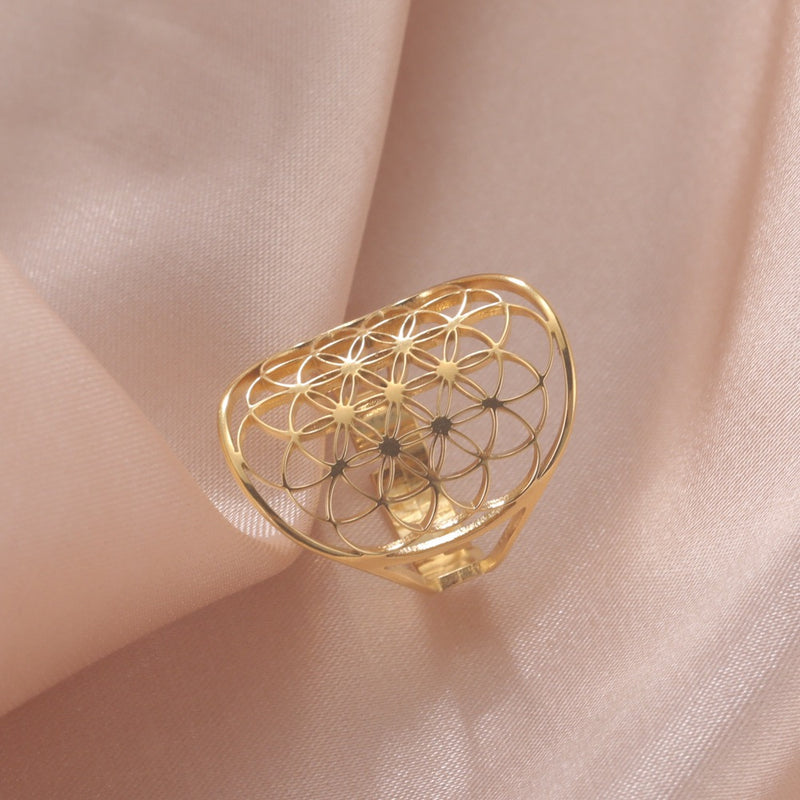 Cutout Flower of Life Mandala Ring for Women Sacred Geometry Ring Statement Stainless Steel Hollowed Out Adjustable Band Ring Jewelry
