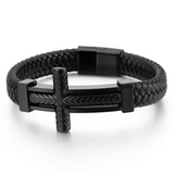Wheat‑Textured Cross Titanium Steel Braided Leather Men’s Bracelet