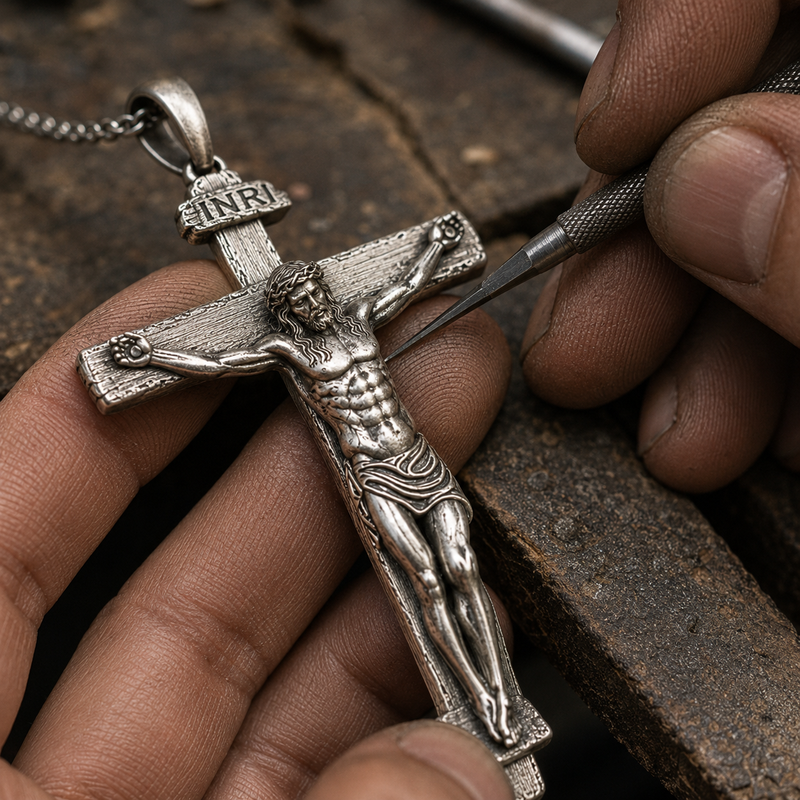 Artisan hand detailing crucifix pendant with small tool