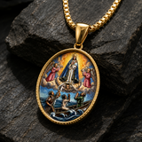 3D Raised Color Enamel Our Lady of Charity Oval Gold Stainless Steel Necklace