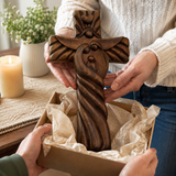 Holy Family wood icon decoration, Joseph, Mary, Baby Jesus, carved wooden cross, wall decoration
