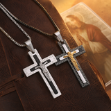Vintage Greek Key Border Two Tone 3D Crucifix Stainless Steel Necklace