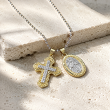 Two Charms Necklace, Iced Cross & Miraculous Medal Pendant, 316L Stainless Steel Religious Ball Chain Jewelry