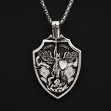 Archangel Michael Shield Pendant Necklace for Men,316L Stainless Steel Vintage 3D Relief Religious Amulet Necklace,Faith Protection Jewelry Gift