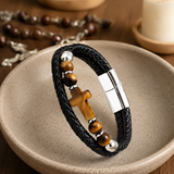 English Product Description for 21cm Stone Cross Leather Bracelet
