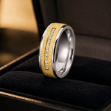 8mm Spinning Titanium Steel Men's Ring, Sand Blast Two-Tone Inlaid Cubic Zirconia Band, Stress Relief Rotatable Wedding Promise Ring for Men