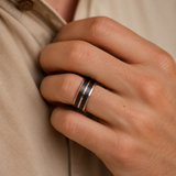Two-Tone Brushed Titanium Steel Ring, Rose Gold & Black Grooved Wedding Band, 8mm Comfort Fit Mens Promise Ring