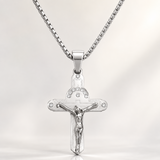 Crucifix Cross Necklace with Crystals, 316L Stainless Steel Religious Pendant for Men