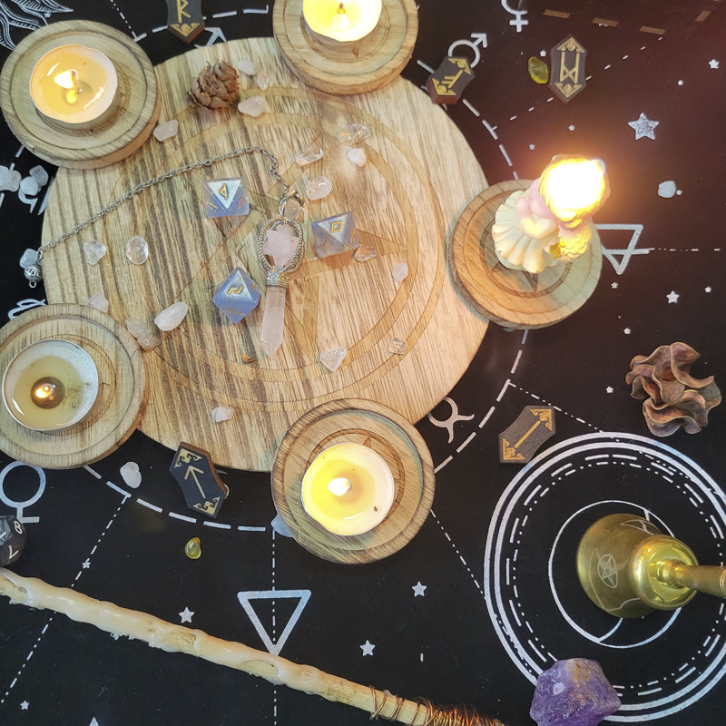 Pentagram Wooden Disc Candle Holder DIY Tarot Decoration Crystal Accessories