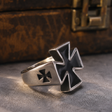 3D Raised Black Enamel Maltese Cross Stainless Steel Mens Ring