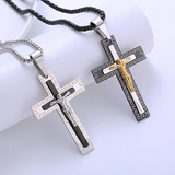 Vintage Greek Key Border Two Tone 3D Crucifix Stainless Steel Necklace