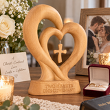 Handcrafted Beechwood Two Hearts One Covenant Cross Sculpture – Christian Wedding & Anniversary Gift