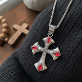 Vintage Red Zircon Cross Pendant Necklace, Religious Faith Men’s Necklace