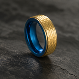 Two-Tone Hammered Titanium Steel Ring, Gold Exterior & Blue Inner Band, 8mm Wide Comfort Fit Wedding Band, Unique Promise Ring for Men