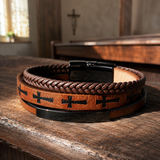 Multi‑Layer Braided Cross Printed Men Leather Bracelet, Vintage PU Leather Magnetic Clasp Religious Wrist Jewelry