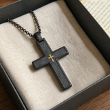 Two-Tone Bevel Edge Carbon Fiber Textured Inlaid Tiny Cross Stainless Steel Necklace