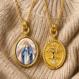 3D Enamel Our Lady of Grace Oval Necklace, Double Sided Tree of Life Stainless Steel Pendant