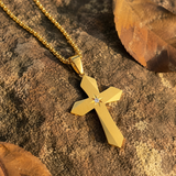 Faceted Eight Point North Star CZ Inlay Stainless Steel Cross Necklace