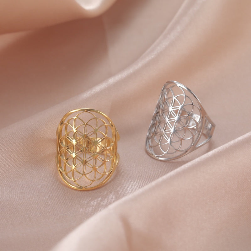 Cutout Flower of Life Mandala Ring for Women Sacred Geometry Ring Statement Stainless Steel Hollowed Out Adjustable Band Ring Jewelry