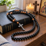 Black Stone & Wood Bead Crucifix Rosary Necklace – 70cm Christian Prayer Rosary