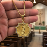 Gold Octagonal Star CZ Our Lady of Guadalupe Necklace, 3D Embossed Radiant Titanium Steel Religious Pendant Box Chain for Men