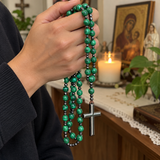 Green Malachite-Style Bead Christian Cross Prayer Rosary Necklac