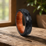 Hammered Titanium Steel Ring with Natural Wood Inner Liner, 6mm Vintage Domed Band, Rustic Wooden Inlay Wedding Promise Ring for Men & Women
