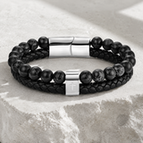 Dual Layer Braided Leather Cross Stainless Steel Men's Bracelet