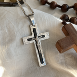 Vintage Greek Key Border Two Tone 3D Crucifix Stainless Steel Necklace