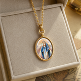 3D Enamel Our Lady of Grace Oval Necklace, Double Sided Tree of Life Stainless Steel Pendant