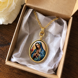 Our Lady of Guadalupe Gold-Tone Oval Pendant Necklace – Double-Sided Virgin Mary Christian Jewelry