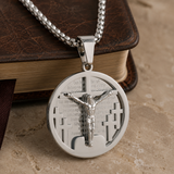 3D Crucifixion Lord’s Prayer Engraved Medallion Pendant Necklace