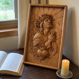 Hand-Carved Sacred Heart of Jesus Beech Wood Plaque – A Quiet Reminder of Christ’s Mercy at Home