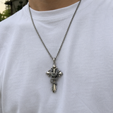 S925 Silver Serpent Cross Pendant Necklace with Green Gemstone