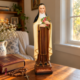 St. Thérèse of Lisieux Statue – 22.4" Little Flower of Jesus with Roses & Crucifix | Catholic Prayer & Home Altar Decor