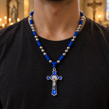 t. Benedict Blue Enamel Rosary with Crucifix – Silver-Tone Beads & Braided Cord
