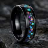 Black Tungsten Ring with Crushed Opal Inlay, 8mm Galaxy Star Dome Band, Meteorite Texture Wedding Band, Unique Promise Ring Gift for Men & Women