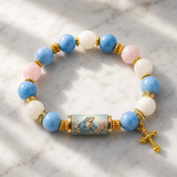 Chalcedony Cross Beaded Bracelet, Vintage Religious Printed Tube Bead Faith Jewelry for Women