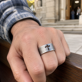 Vintage Antiqued Open-Band Cross Cutout Stainless Steel Ring