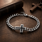 Men’s Carbon Fiber Inlay Cross Curb Chain Bracelet, 316L Stainless Steel Adjustable Religious Faith Bracelet, Silver & Gold Tone Christian Gift for Him
