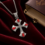 Vintage Red Zircon Cross Pendant Necklace, Religious Faith Men’s Necklace