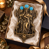 Triple Hecate Wall Sculpture – Antique Bronze Goddess Decor with Blue Orb Accents
