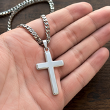 Minimal Polished Stainless Steel Cross Necklace, Classic Plain Cross Pendant with Cuban Chain, Religious - side view
